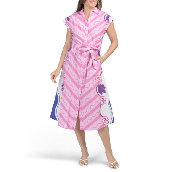 CELINA MOON Pastel Pink Short Sleeve Floral Printed Border Midi Dress